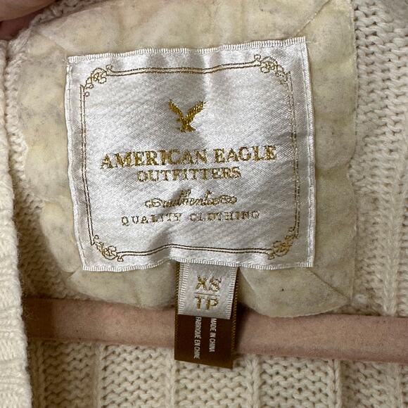 XS Y2K VTG American Eagle Ivory Ribbed Deep V-Neck Hoodie Sweater Elena Gilbert - Picture 5 of 7